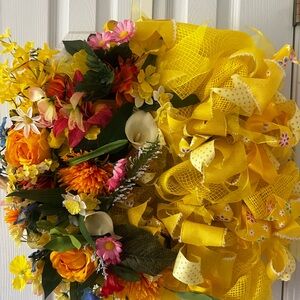 Vibrant Floral and Yellow Ribbon Wreath